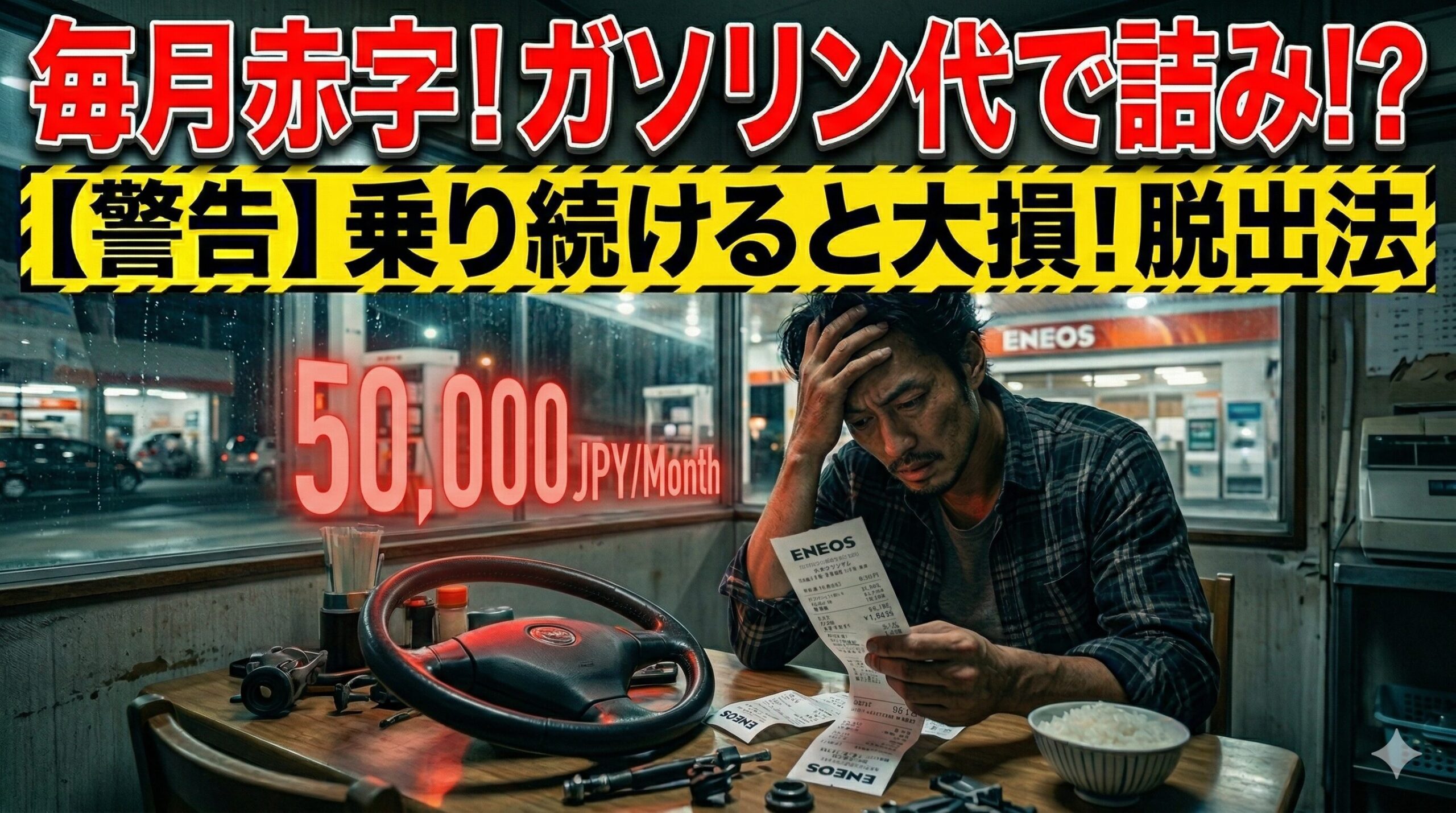 スイフトの悪い燃費と高いガソリン代に絶望する男性。賢く手放し大損を回避する裏ワザを解説したアイキャッチ画像。