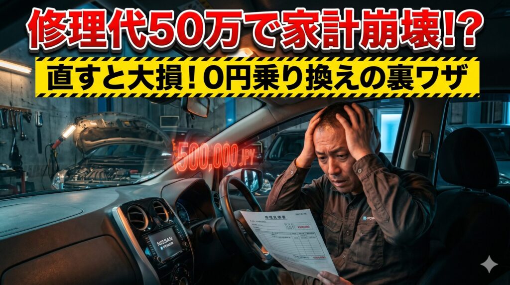 セレナe-POWERの修理費に絶望する男性。賢い損切りで脱出する方法を解説したアイキャッチ画像