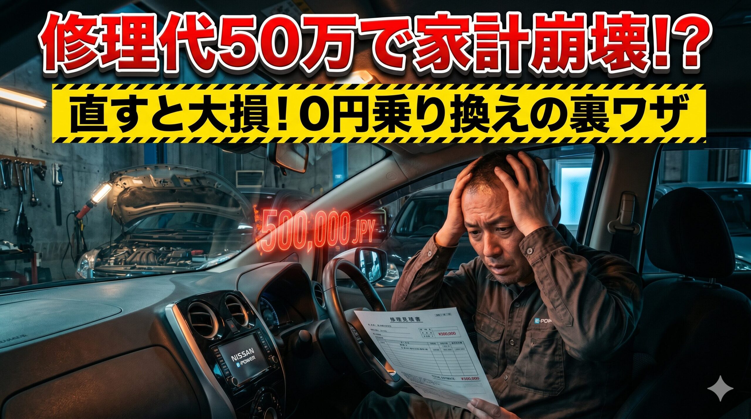 セレナe-POWERの修理費に絶望する男性。賢い損切りで脱出する方法を解説したアイキャッチ画像