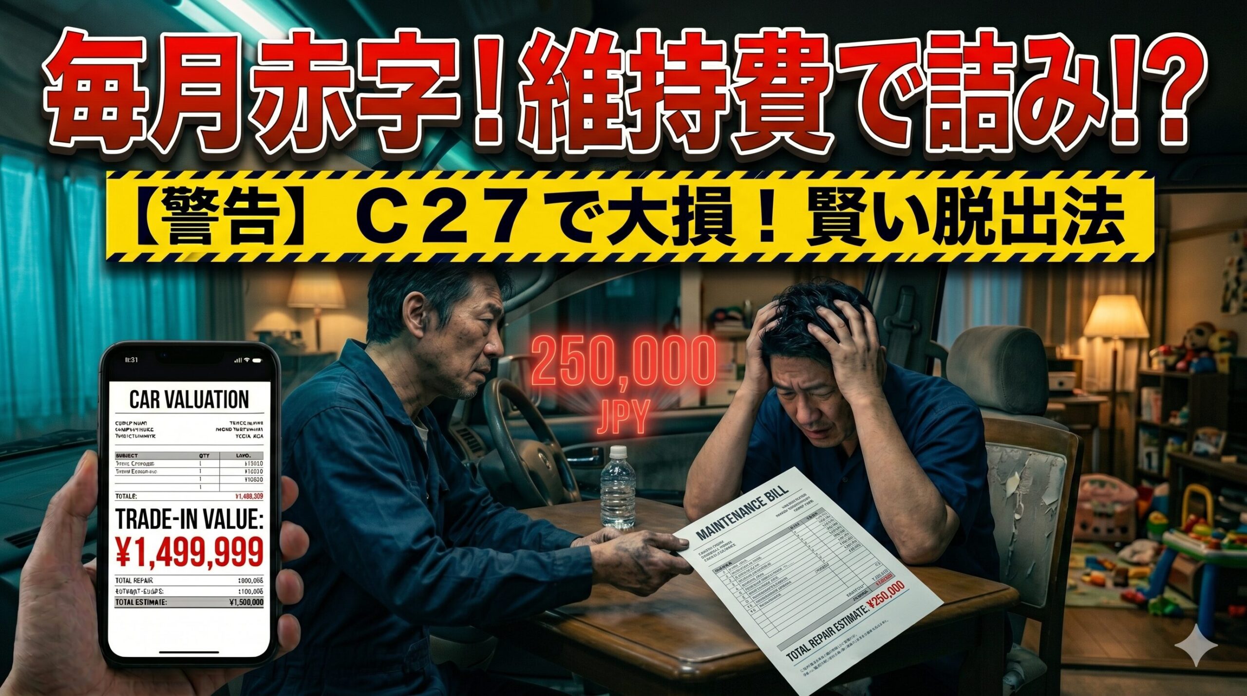 セレナe-powerの維持費に絶望する男性。賢い損切りで脱出する方法を解説したアイキャッチ画像