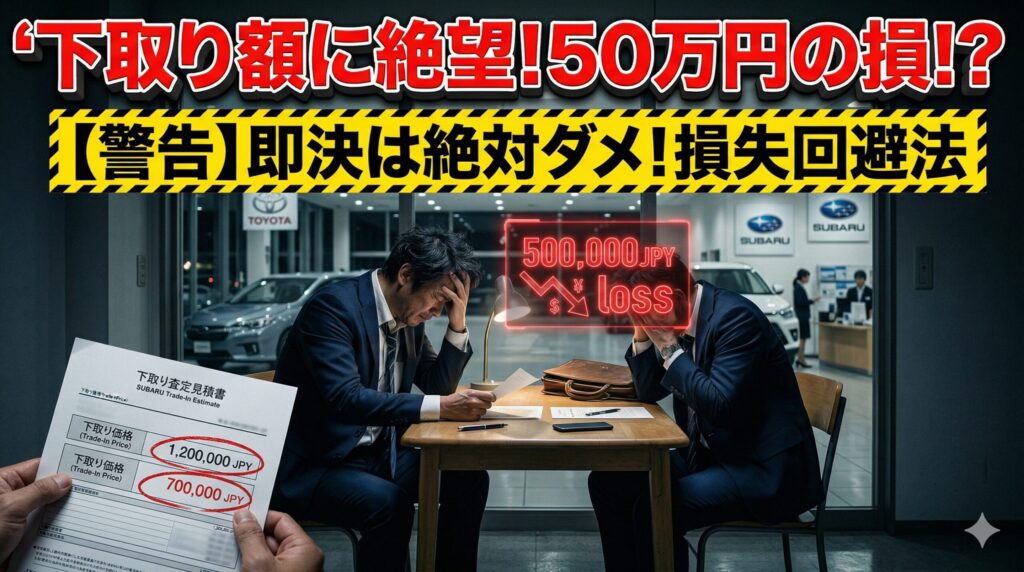 ディーラーの安すぎる下取り額に絶望する男性。即決で大損する前に知るべき損失回避法を解説したアイキャッチ画像。