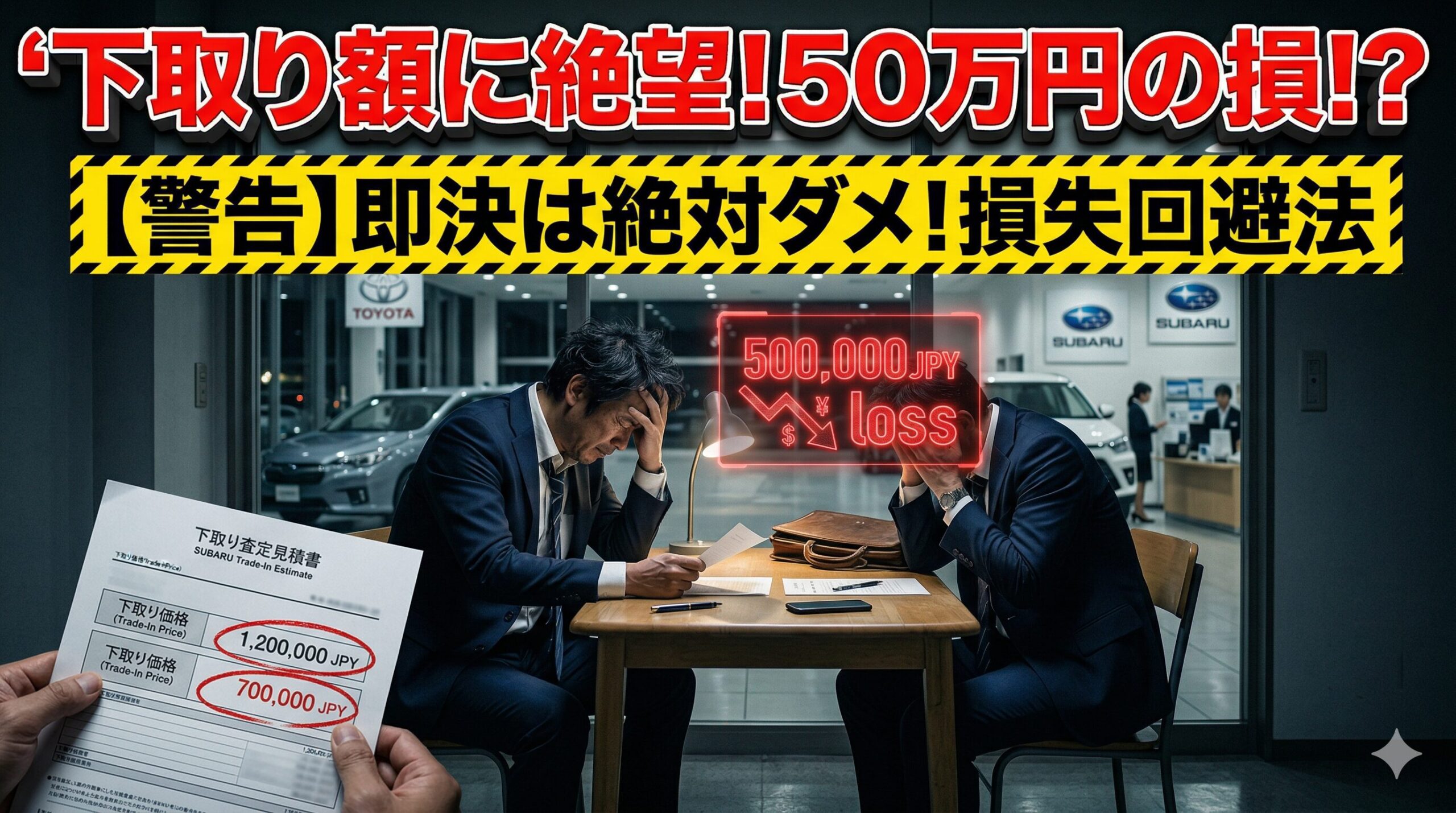 ディーラーの安すぎる下取り額に絶望する男性。即決で大損する前に知るべき損失回避法を解説したアイキャッチ画像。