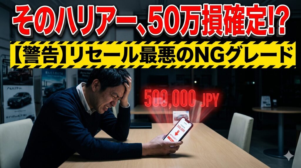 ハリアーのグレード選びを間違えてリセール時に50万円損することに絶望する男性。損しない出口戦略とおすすめグレードを解説したアイキャッチ画像