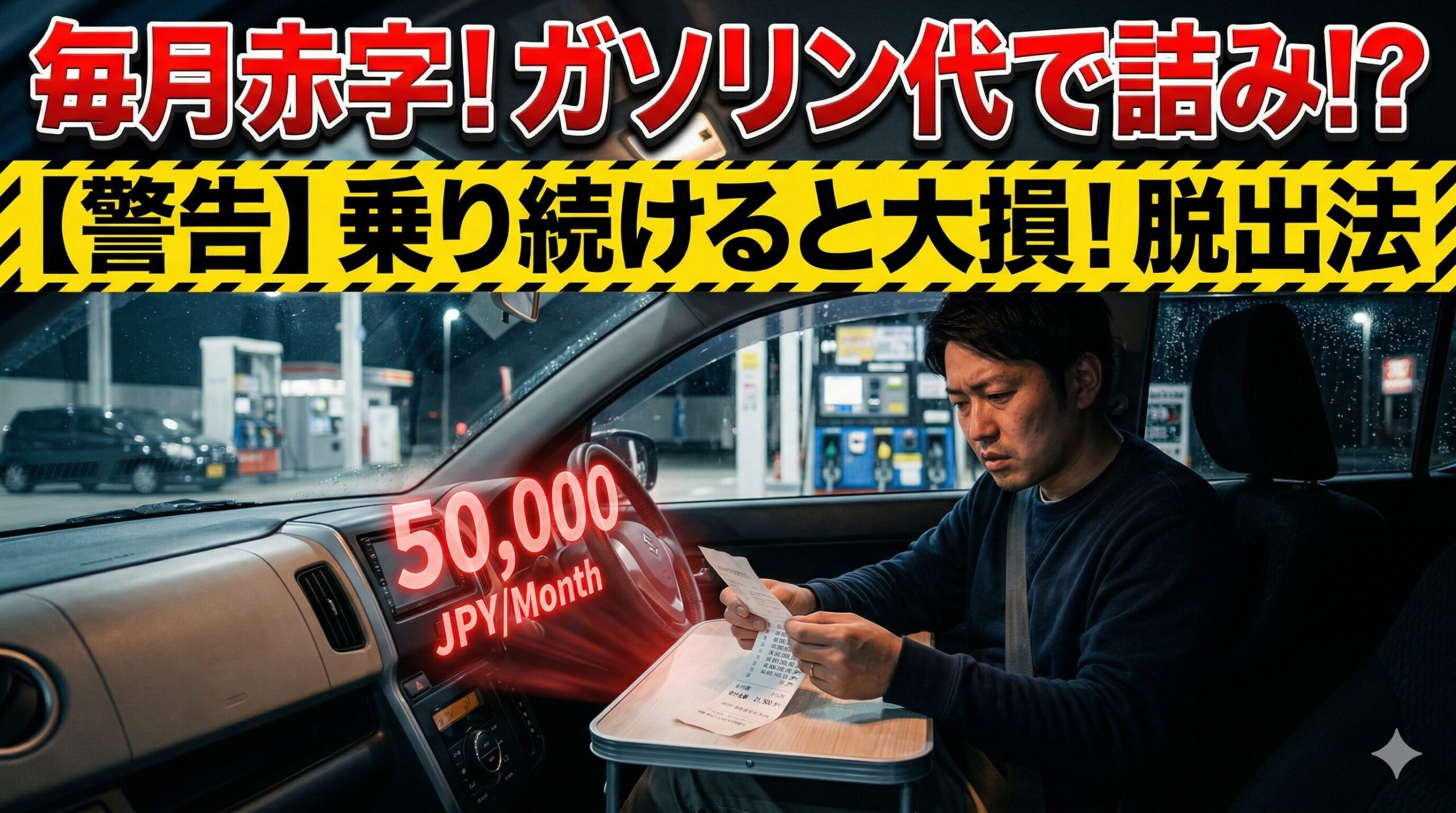ハスラーの悪すぎる実燃費とガソリン代に絶望するドライバー。乗り続けると大損する前に賢く乗り換える方法を解説したアイキャッチ画像。