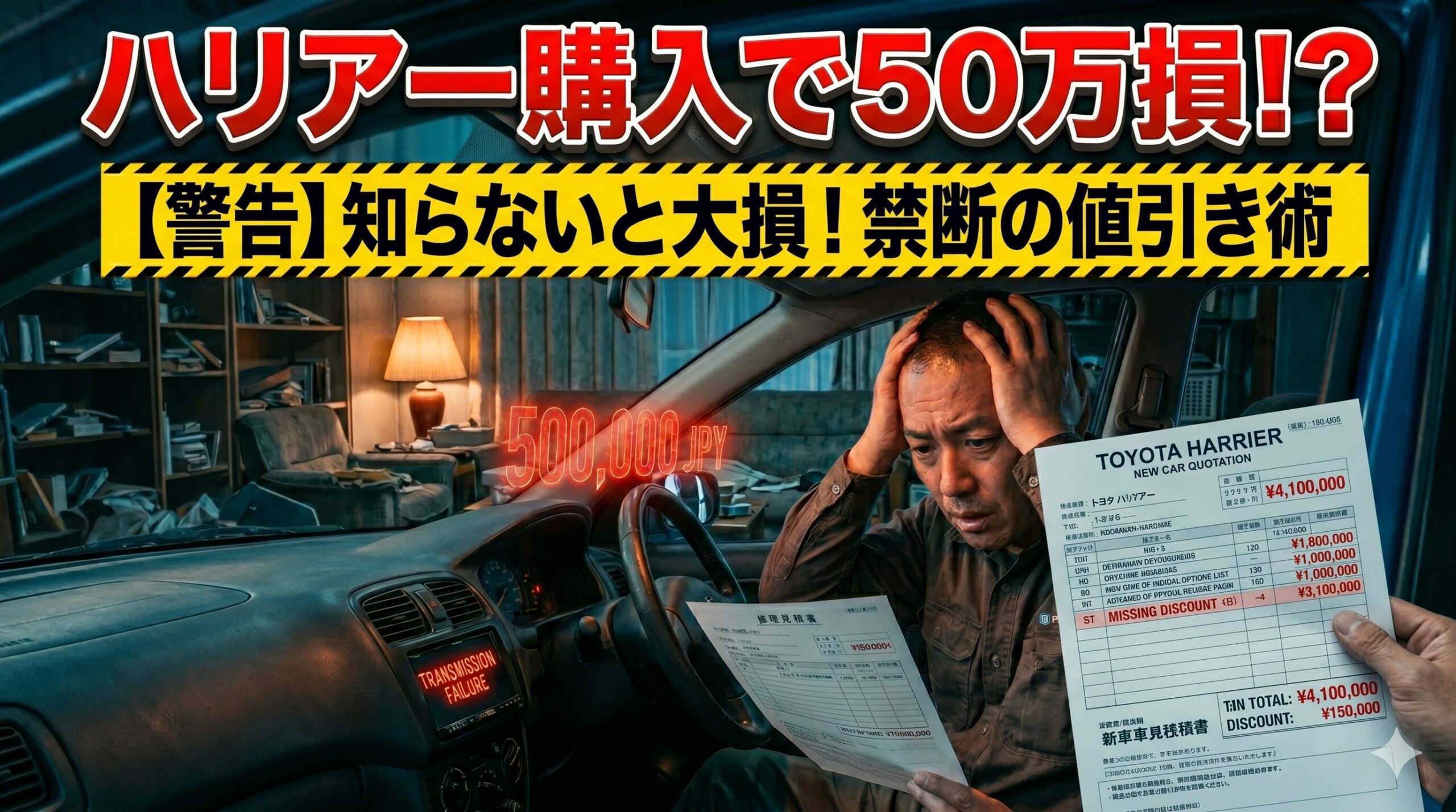 ハリアーの値引き交渉を知らずに50万円損して絶望する男性。限界を突破する禁断の交渉術を解説したアイキャッチ画像