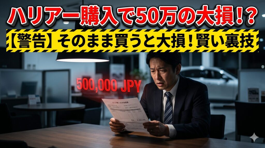 ハリアーの値引きで50万円損して絶望する男性。後悔しない実例と裏技を解説したアイキャッチ画像