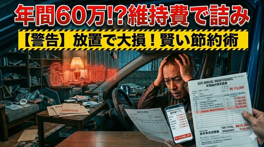 ハリアーの年間維持費の高騰に絶望する男性。後悔する前に知るべき賢い節約術を解説したアイキャッチ画像