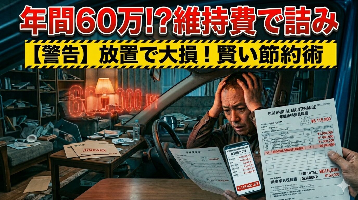 ハリアーの年間維持費の高騰に絶望する男性。後悔する前に知るべき賢い節約術を解説したアイキャッチ画像