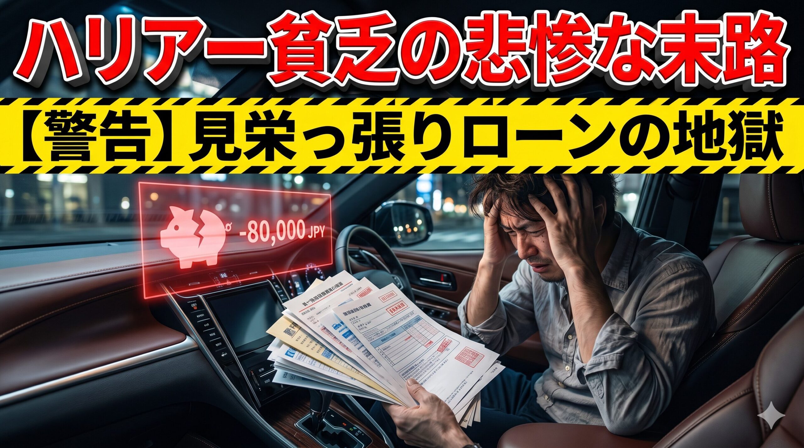 見栄を張って無理なローンを組み、ハリアー貧乏に転落して維持費の請求書に絶望する男性。賢いカーリースの活用法を解説したアイキャッチ画像