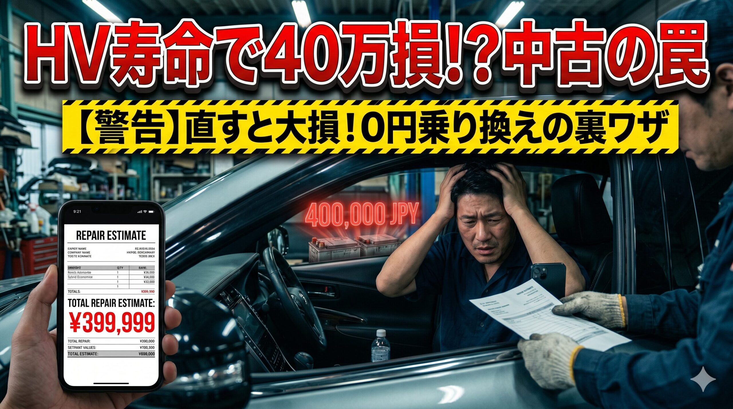 ハリアー中古ハイブリッドの寿命による40万円の修理費に絶望する男性。賢い損切りで脱出する方法を解説したアイキャッチ画像