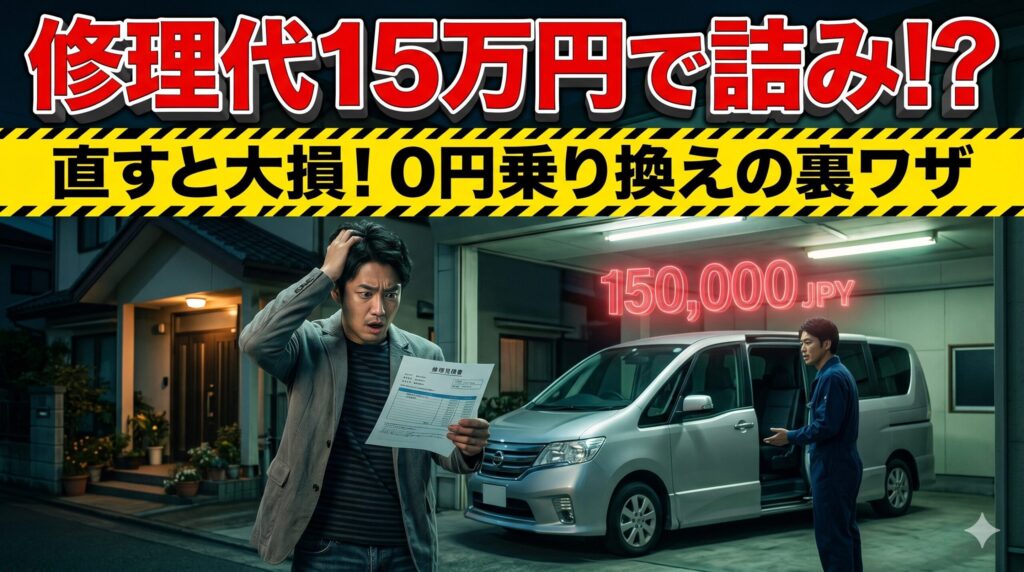 ヴォクシーのスライドドア修理費に絶望する男性。直すと大損する理由と賢い乗り換えの裏ワザを解説したアイキャッチ画像