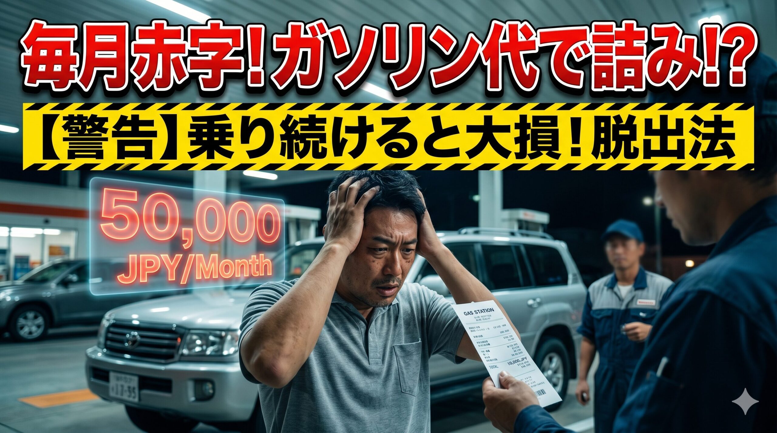 プラドの極悪燃費による高額なガソリン代に絶望する男性。乗り続けると大損する前に知るべき脱出法を解説したアイキャッチ画像