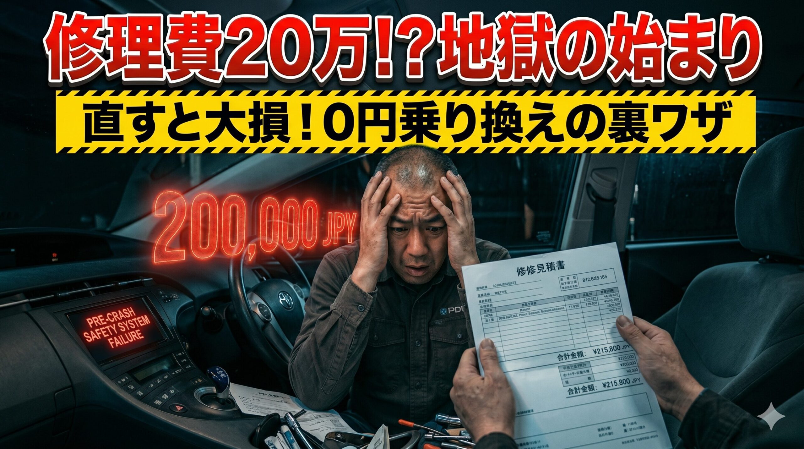 プリウスのプリクラッシュセーフティ修理費に絶望する男性。賢い損切りで脱出する方法を解説したアイキャッチ画像