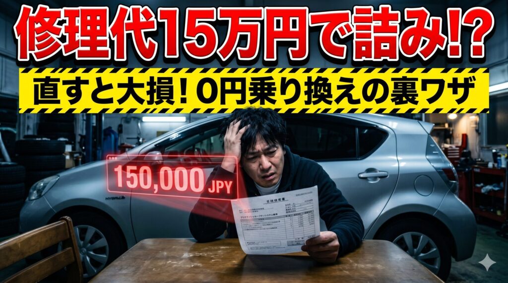 アクアのプリクラッシュセーフティ修理費に絶望する男性。賢い損切りで脱出する方法を解説したアイキャッチ画像