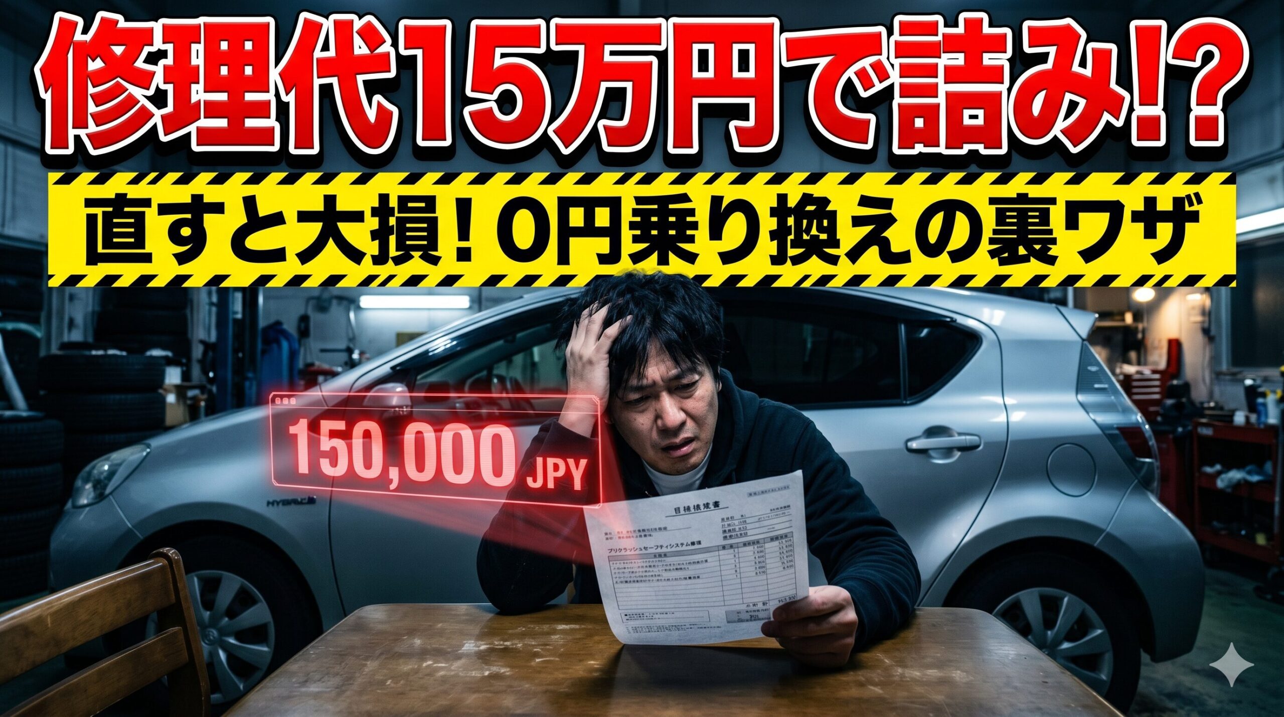 アクアのプリクラッシュセーフティ修理費に絶望する男性。賢い損切りで脱出する方法を解説したアイキャッチ画像