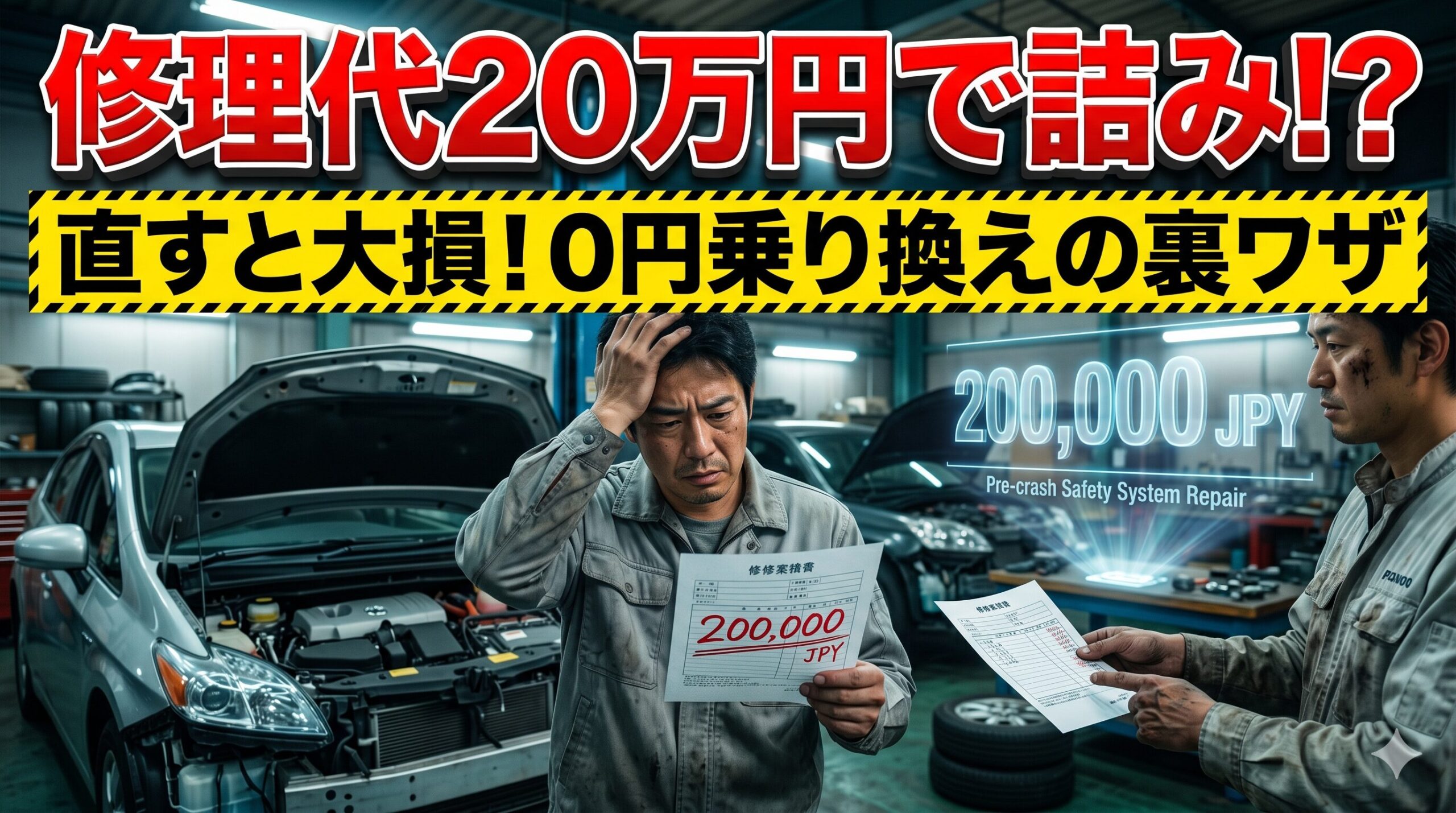 プリクラッシュセーフティの修理費に絶望する男性。賢い損切りで脱出する方法を解説したアイキャッチ画像