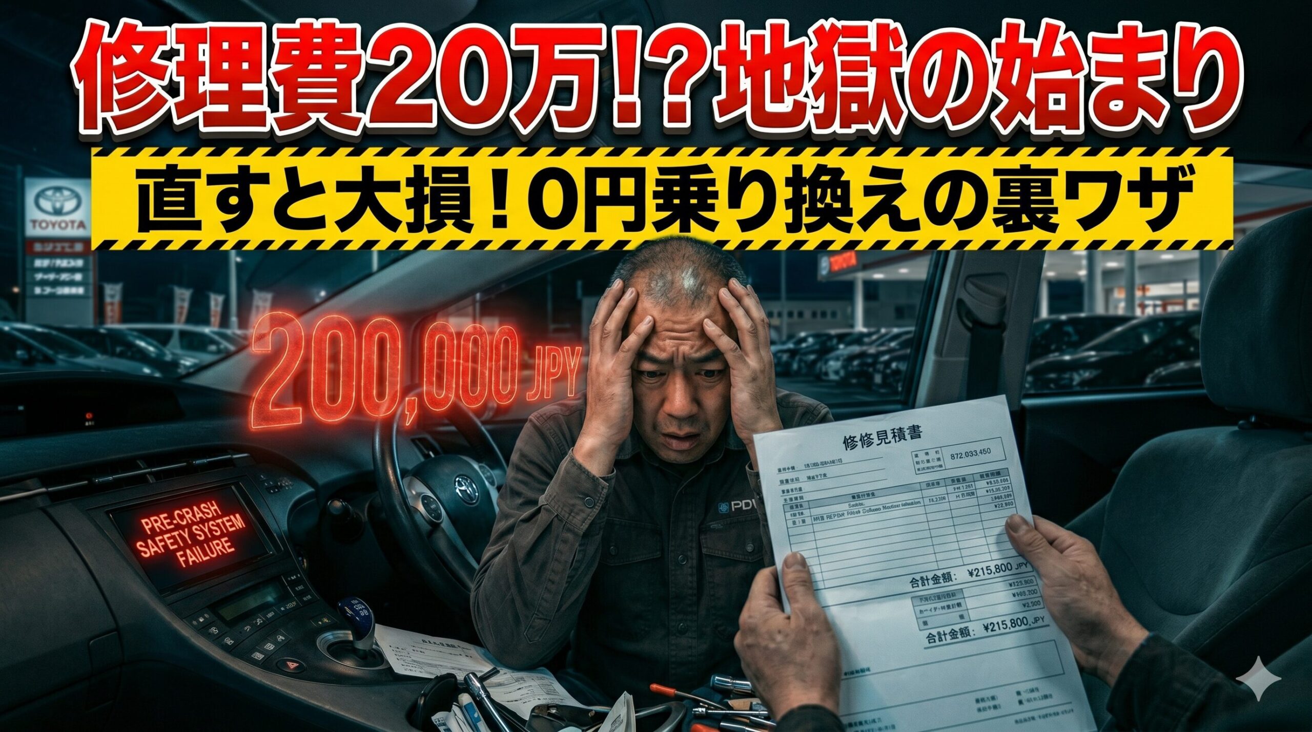 ヴォクシーのプリクラッシュセーフティ修理費に絶望する男性。直すと大損する理由と0円乗り換えの裏ワザを解説したアイキャッチ画像