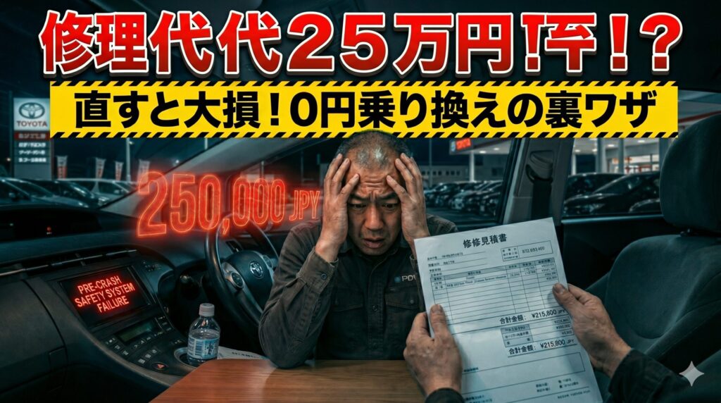 プリクラッシュセーフティの修理費に絶望する男性。賢い損切りで脱出する方法を解説したアイキャッチ画像