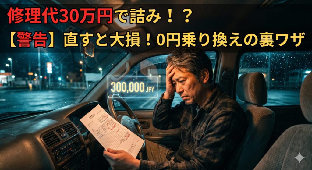 アルファードのプリクラッシュセーフティ修理費に絶望する男性。賢い損切りで脱出する方法を解説したアイキャッチ画像