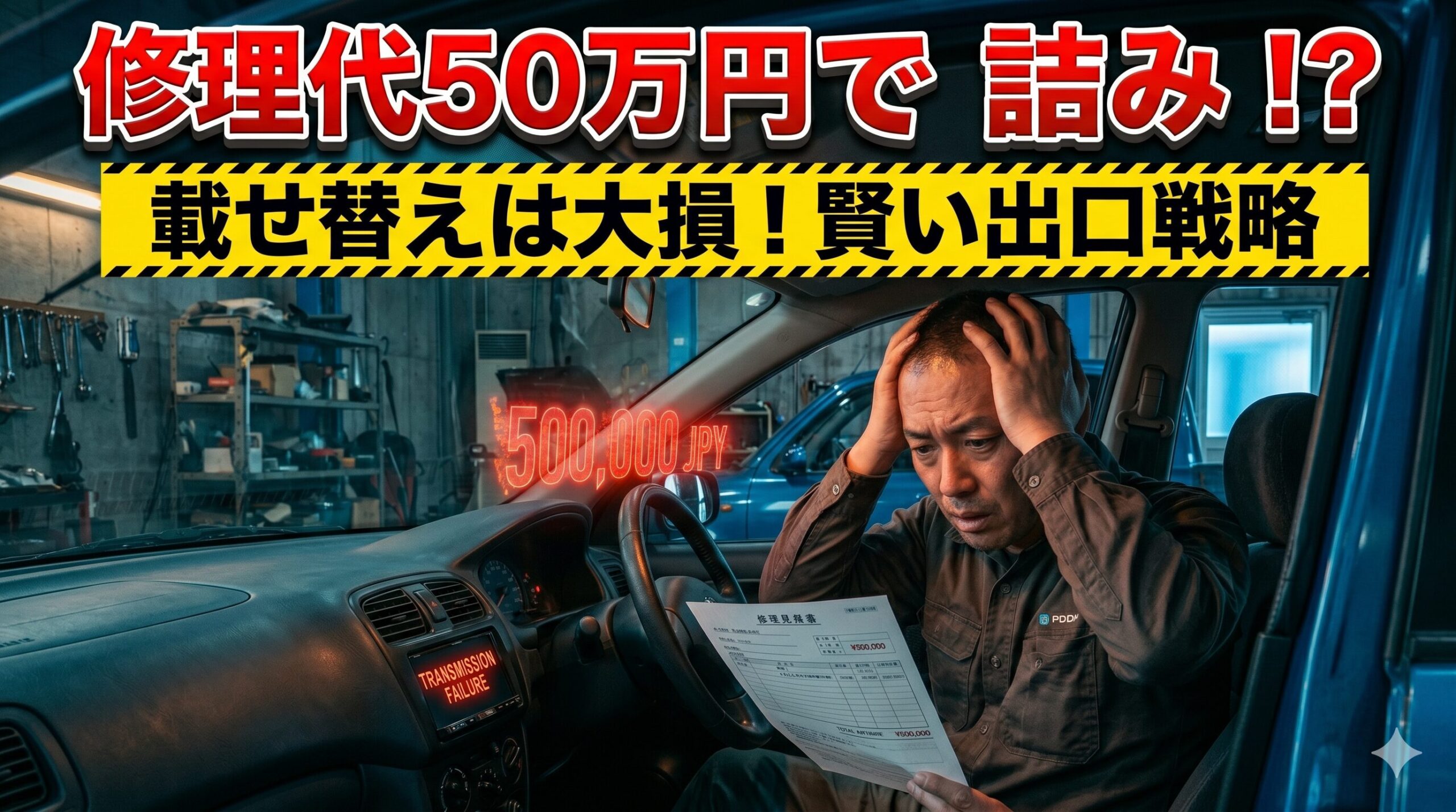ミッション載せ替えの高額な見積もりに絶望する男性。知らないと大損する落とし穴を解説したアイキャッチ画像