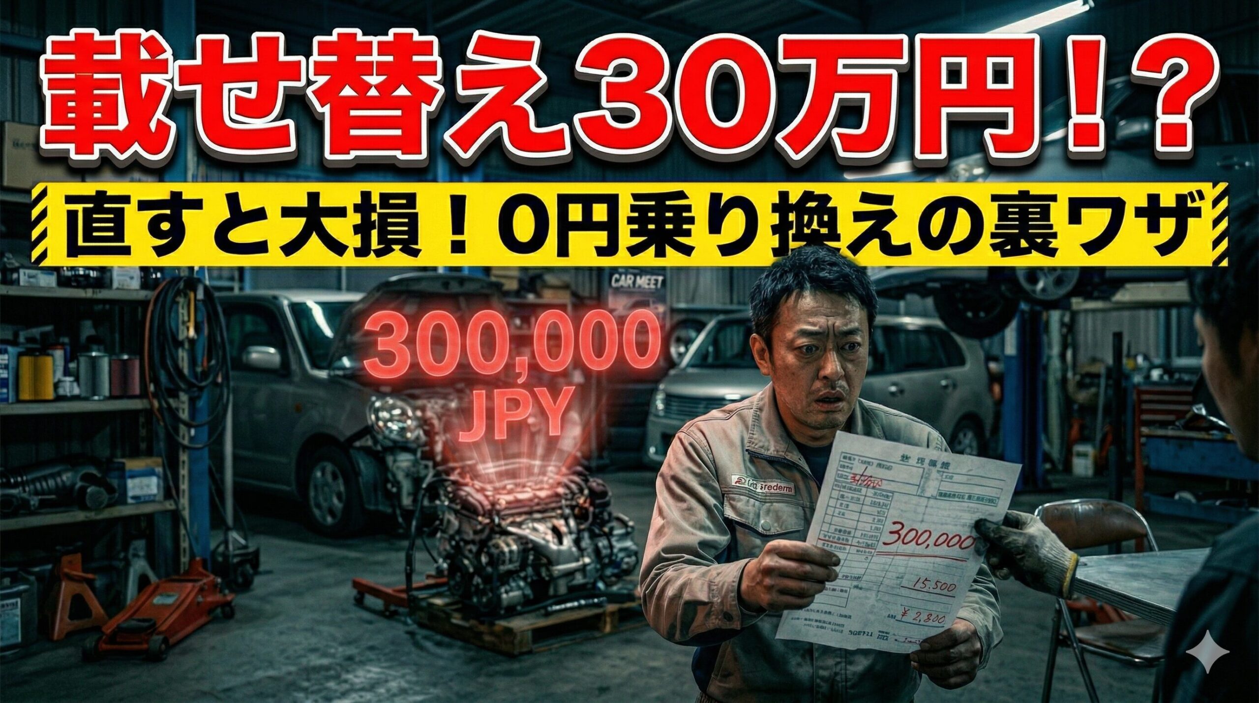 ミラのエンジン載せ替え費用に絶望する男性。直すと大損する理由と賢い乗り換え戦略を解説したアイキャッチ画像。