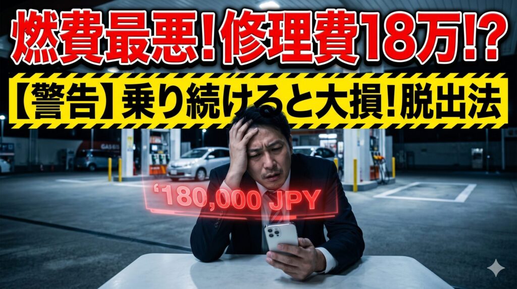 ミライースの燃費悪化と修理費に絶望する男性。損切りする脱出法を解説したアイキャッチ