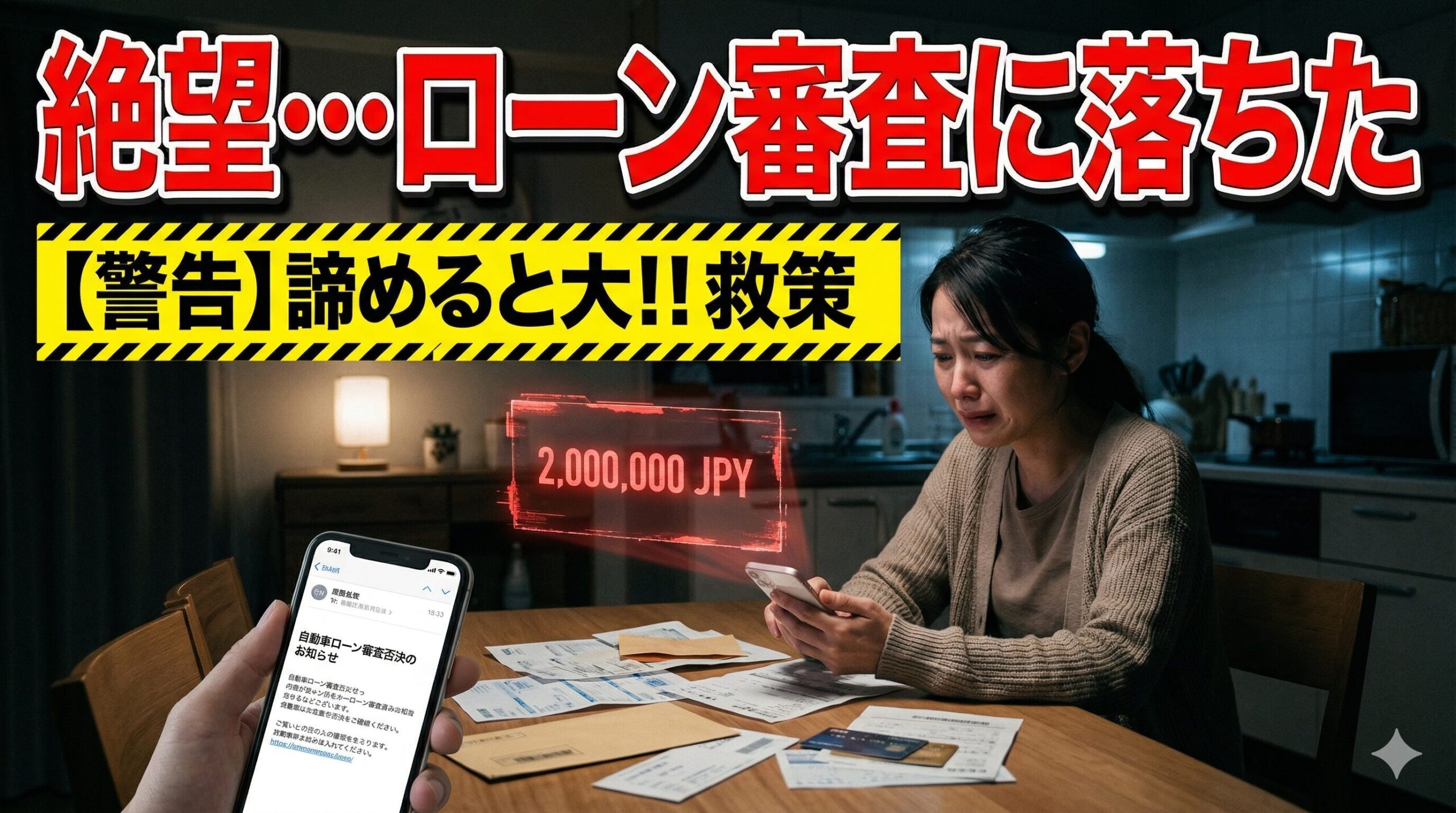 車のローン審査に落ちて絶望する専業主婦。諦める前に知るべき最後の希望を解説したアイキャッチ画像。