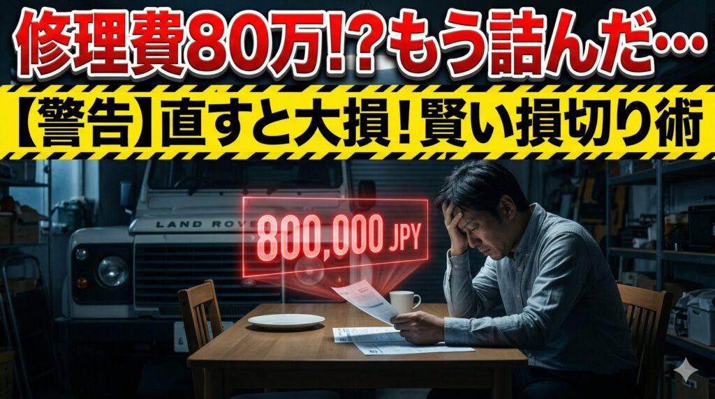 旧型ディフェンダーの修理費80万円に絶望する男性。大損を避けるための賢い脱出法を解説するアイキャッチ画像。