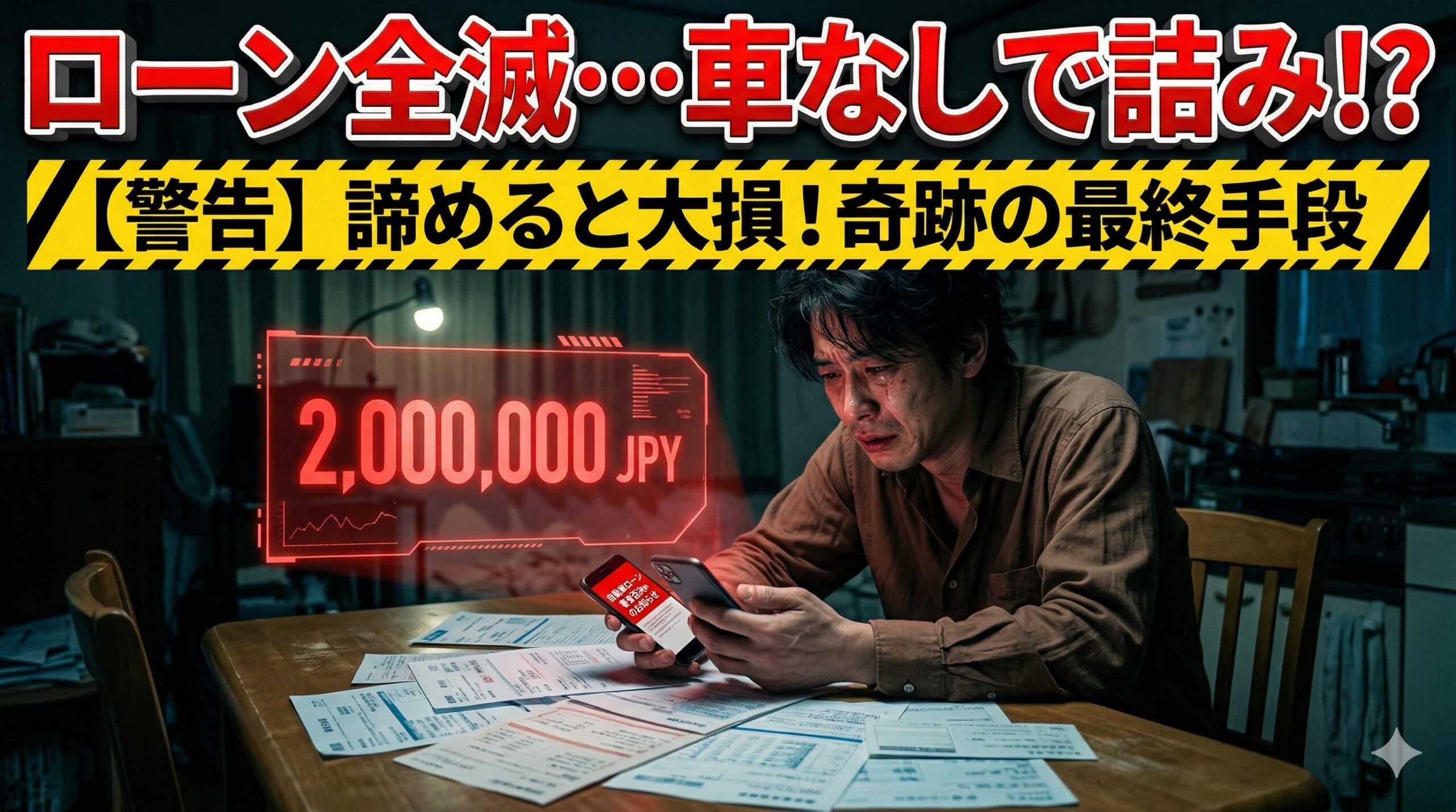 車のローン審査に落ちて絶望する男性。諦めずに車を手に入れる最終手段を解説したアイキャッチ画像。
