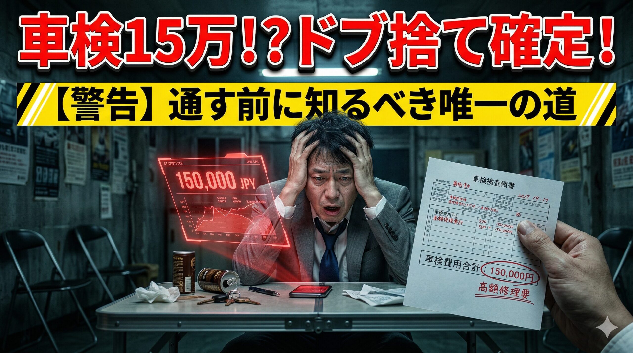 15万円の車検代に絶望する男性。賢い損切りで脱出する方法を解説したアイキャッチ画像。