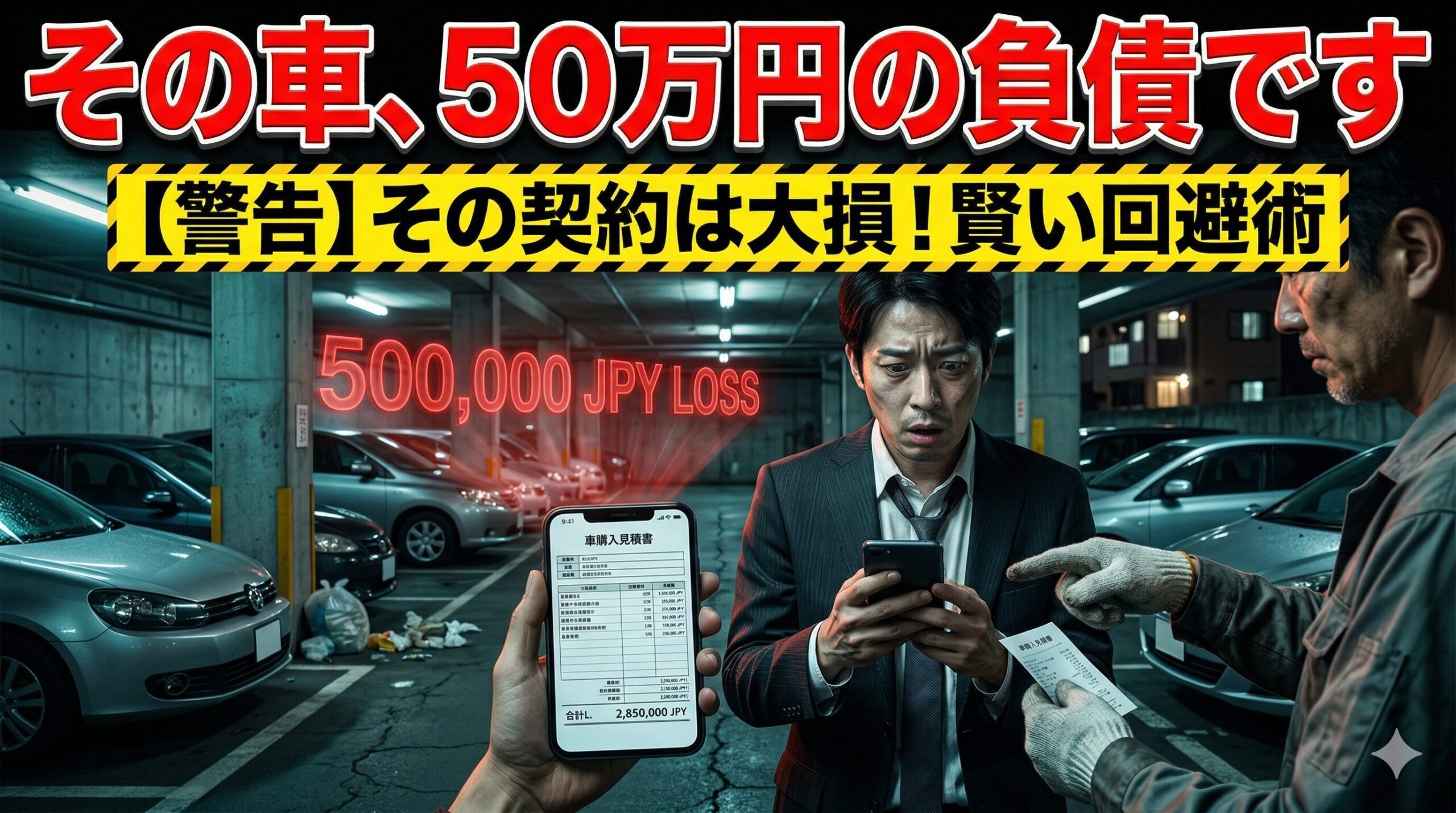 転勤で車を2年使う選択で50万円損し絶望する男性。賢い回避策を解説するアイキャッチ。