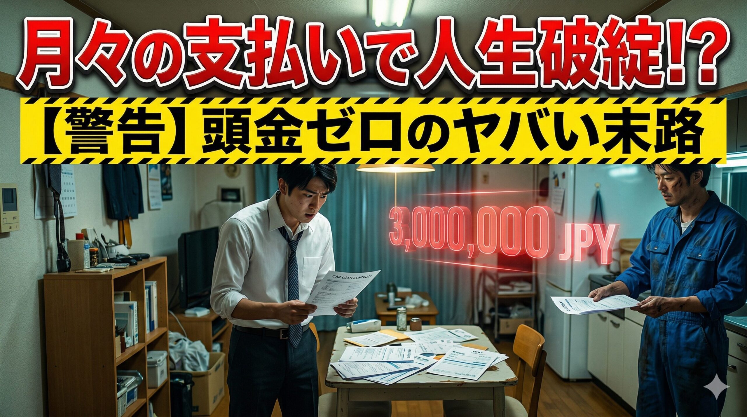 頭金なしの車のローン契約書を見て絶望する若い男性。人生が詰む前に知るべき落とし穴を解説したアイキャッチ画像。