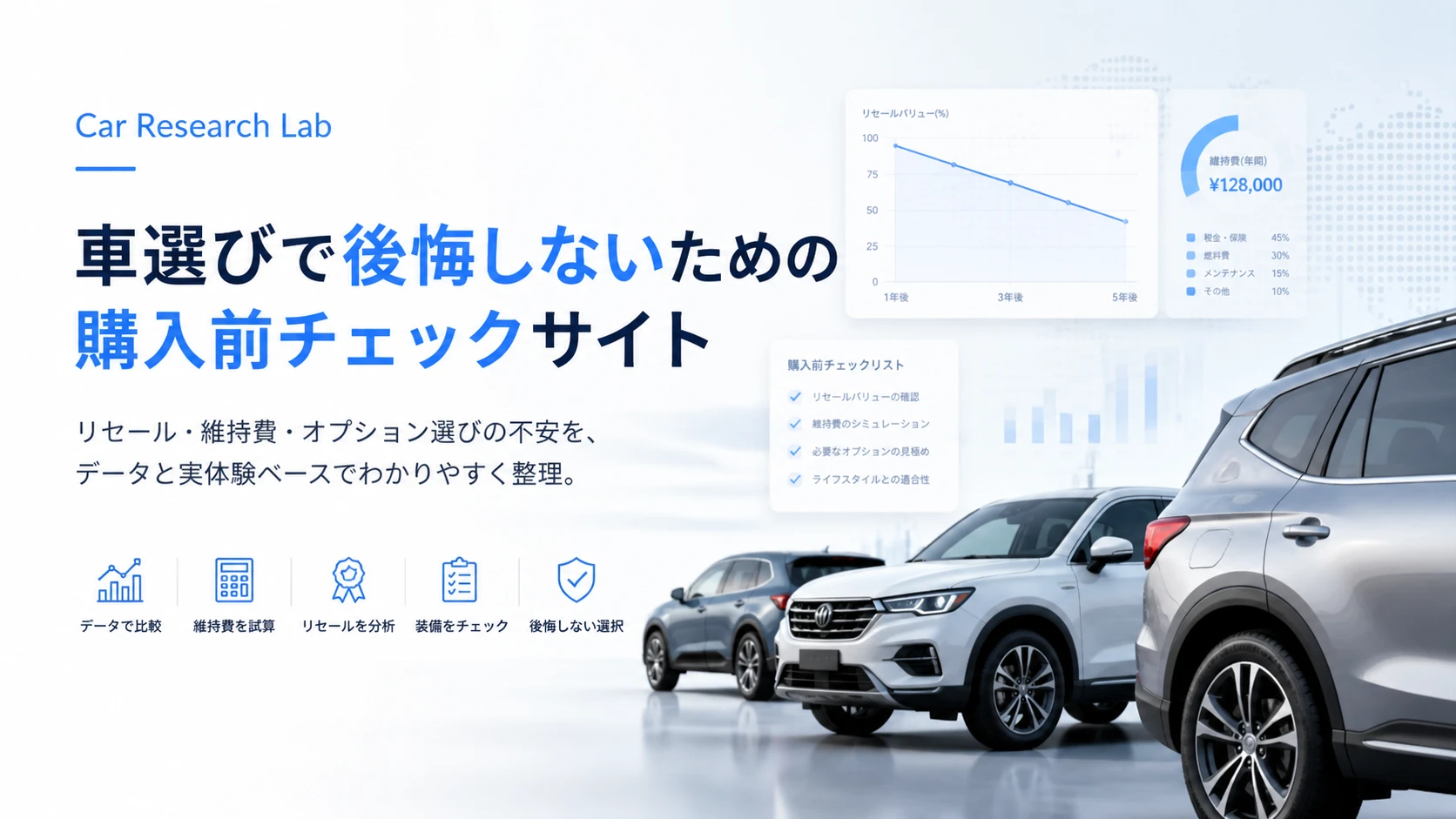 Car Research Labのトップページ用画像。リセール・維持費・オプション選びの不安をデータで整理し、後悔しない車選びをサポートするイメージ
