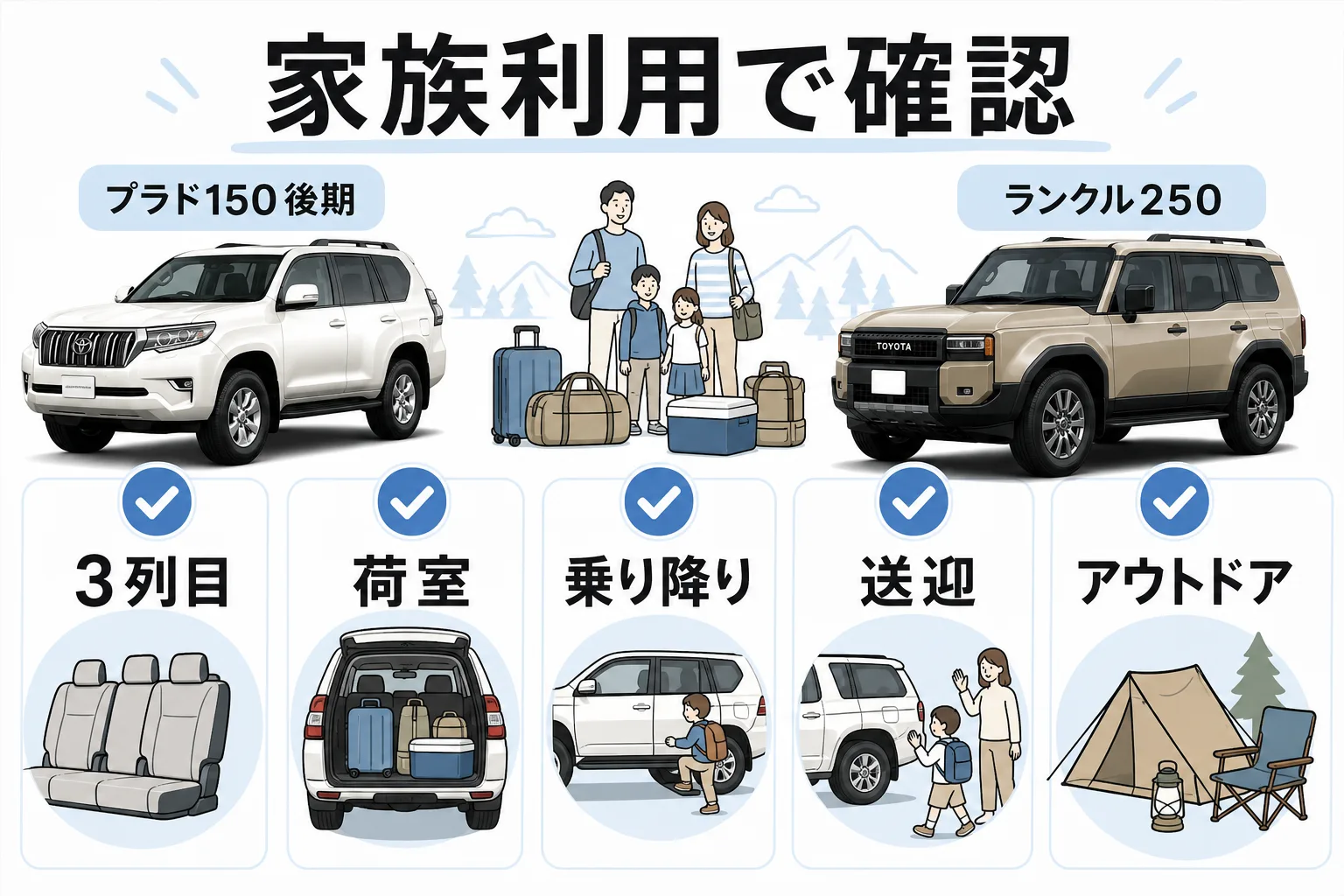 プラド150後期とランクル250の荷室と家族利用を比較した図解