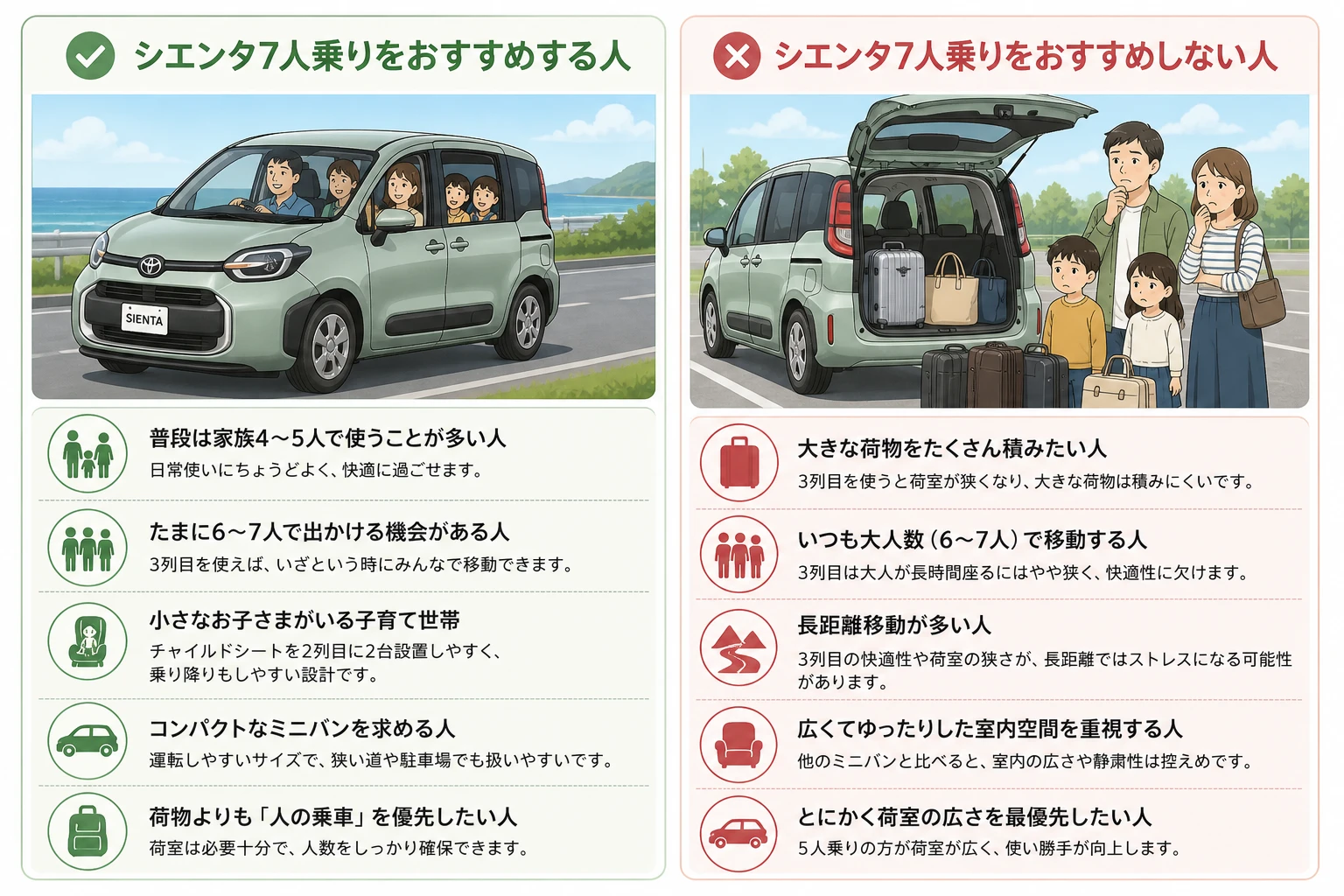 シエンタ7人乗りがおすすめな人とおすすめしない人を比較した図解