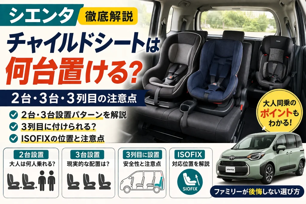 シエンタのチャイルドシートは何台置けるのか、2台・3台設置や3列目、ISOFIX対応位置の注意点を示したアイキャッチ画像