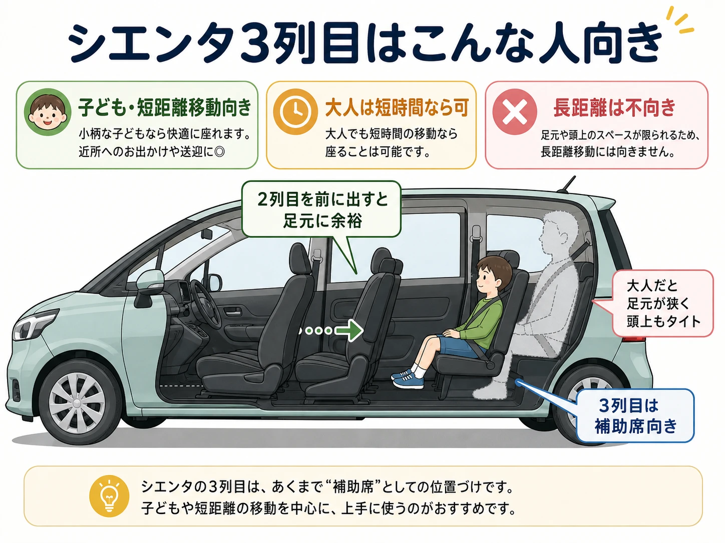 シエンタの3列目がどんな人に向いているかを解説した図解画像。子どもや短距離利用向き、大人は短時間なら可、長距離は不向きと示している。