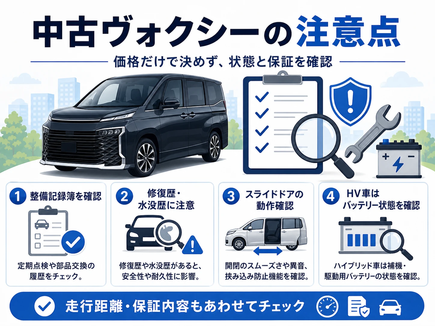 中古ヴォクシーで注意したい整備記録簿や修復歴、水没歴、スライドドア、ハイブリッドバッテリーの確認ポイント